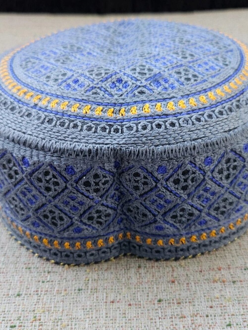 Men Hat Embroidery Gray/Blue Round Topi Cap Traditional Prayer Muslim Size 55cm - Picture 2 of 10